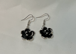 Sparkling black and rhinestone dangle roses earrings RENTAL