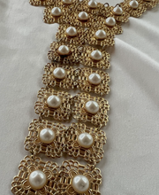 Load image into Gallery viewer, Striking filagree long drop gold squares &amp; pearls necklace RENTAL
