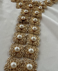 Striking filagree long drop gold squares & pearls necklace RENTAL