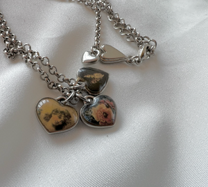 3 hearts w/ angels, roses, pendant on silver chain necklace RENTAL