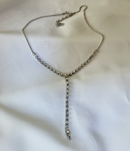 Dainty white rhinestone necklace single row w/3" drop RENTAL