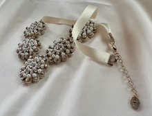 Load image into Gallery viewer, Ivory ribbon w/lace choker 5 flower encrusted w/ pearls &amp; rhinestones necklace RENTAL
