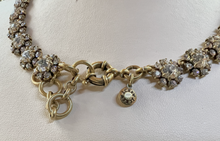 Load image into Gallery viewer, J Crew, gold w/white rhinestone flowers choker necklace RENTAL
