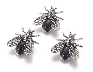 Detailed Black Agate & Silver Big Bee Pin