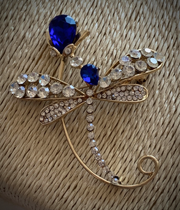 Sweeping Dragonfly Rhinestone Brooch in Gold w/Blue