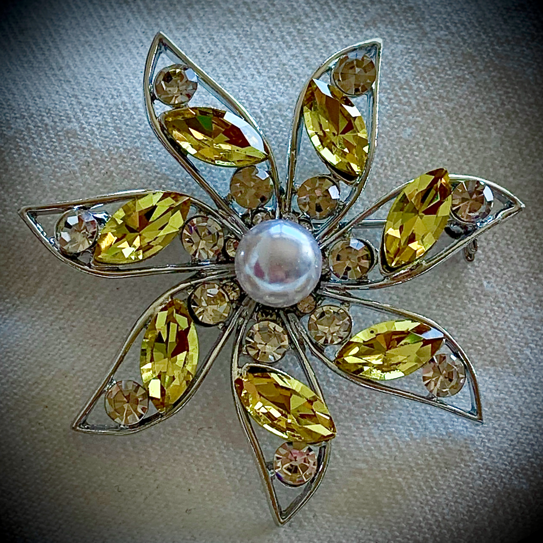 Pearl & Citrine Rhinestone Flower Brooch