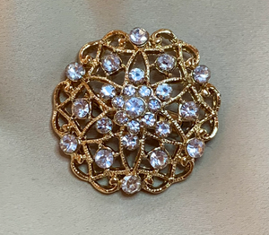 Sparkling Round Gold Brooch w/Rhinestones