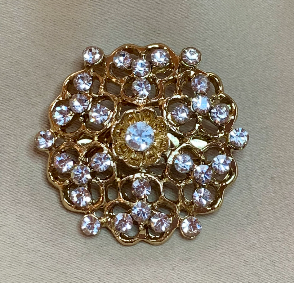 Round Gold Brooch w/Rhinestones