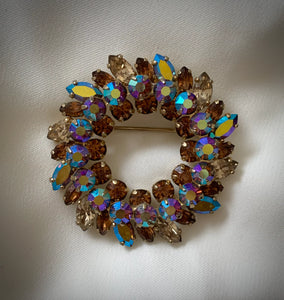 Sherman Rhinestone Copper & Blue Brooch RENTAL