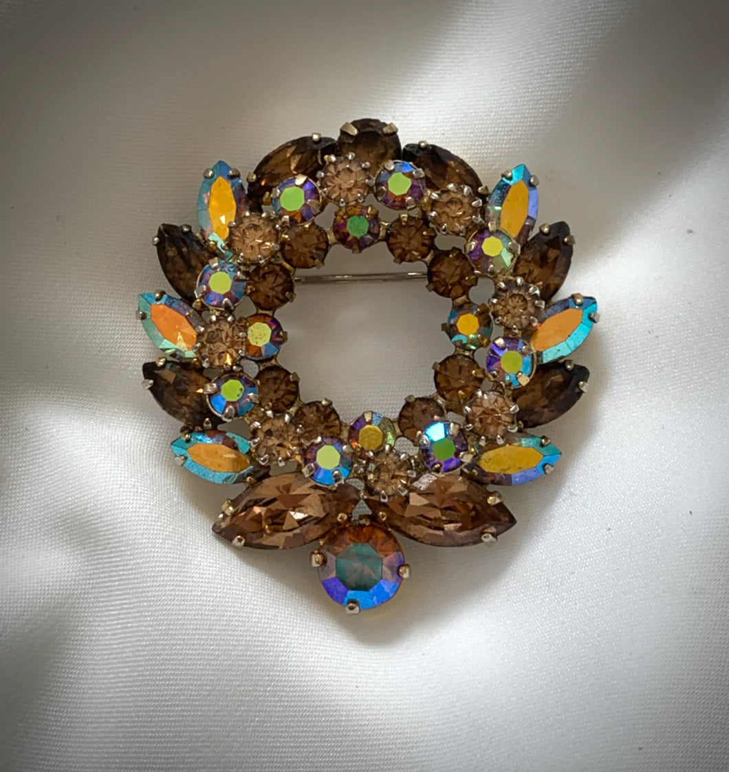 Rhinestone Amber Copper Iridescent Wreath Brooch RENTAL