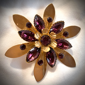 Vintage Gold Floral Brooch w/Purple Stones