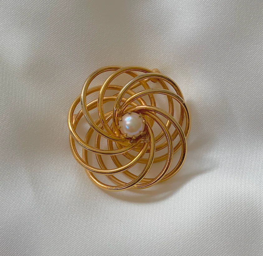 Gold & Pearl Layered Petal Flower Brooch RENTAL