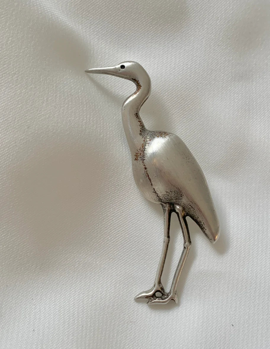 Elegant Pewter Heron, Crane Brooch RENTAL