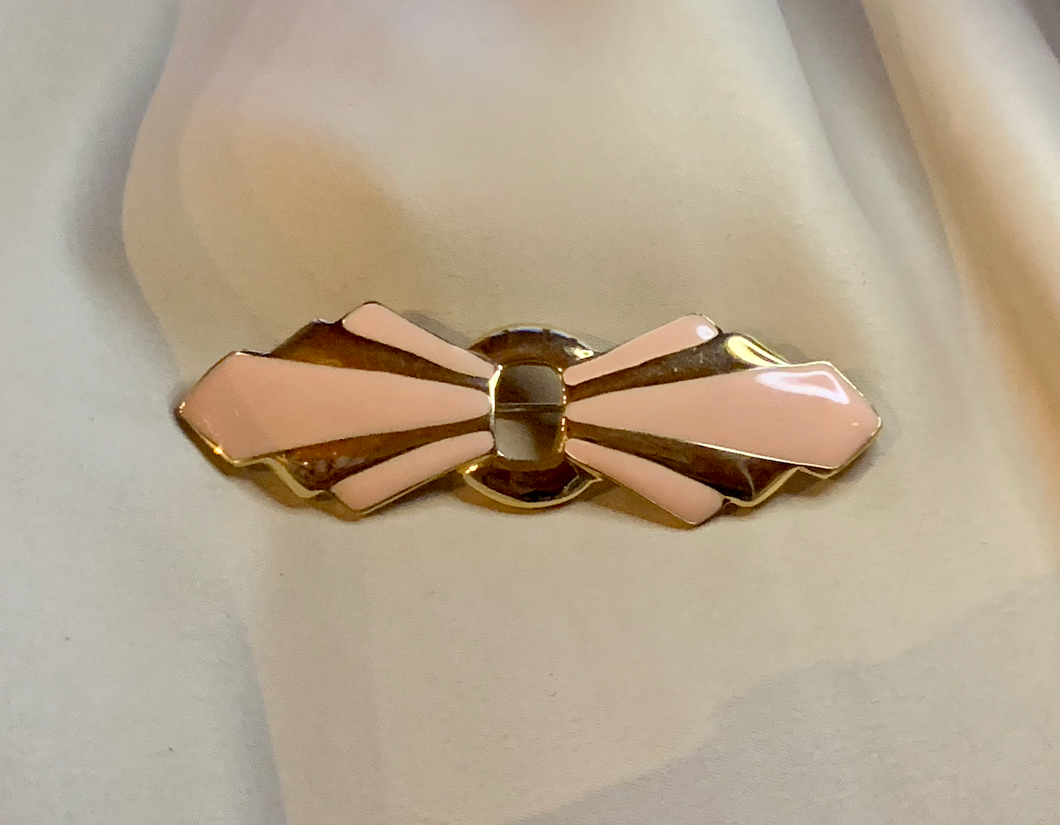 Gold & Nude Pink Enamel Deco Bow Pin