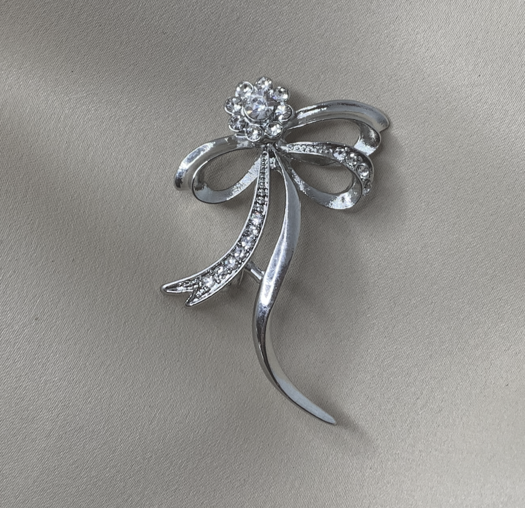 Sweet Silver & Rhinestone Bow Brooch