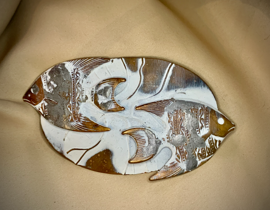 Whitewashed Fish on Stylized Large Brass Brooch