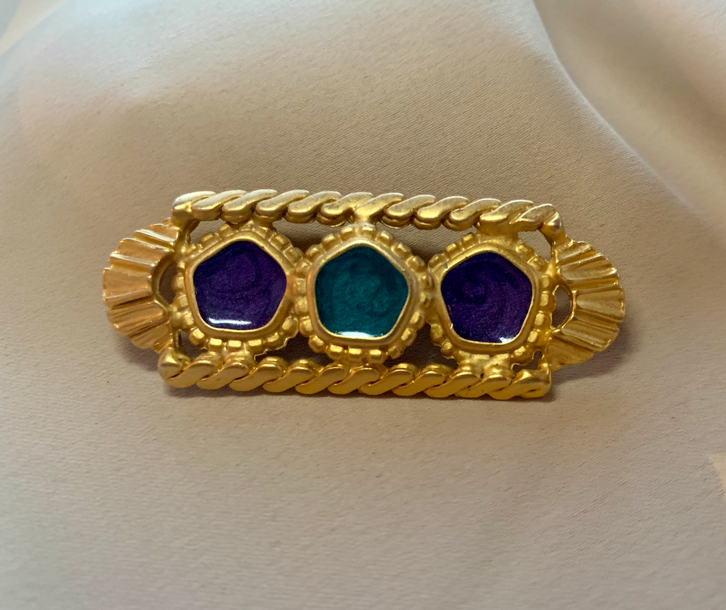 Horizontal Gold Teal Purple 3 Circles Brooch