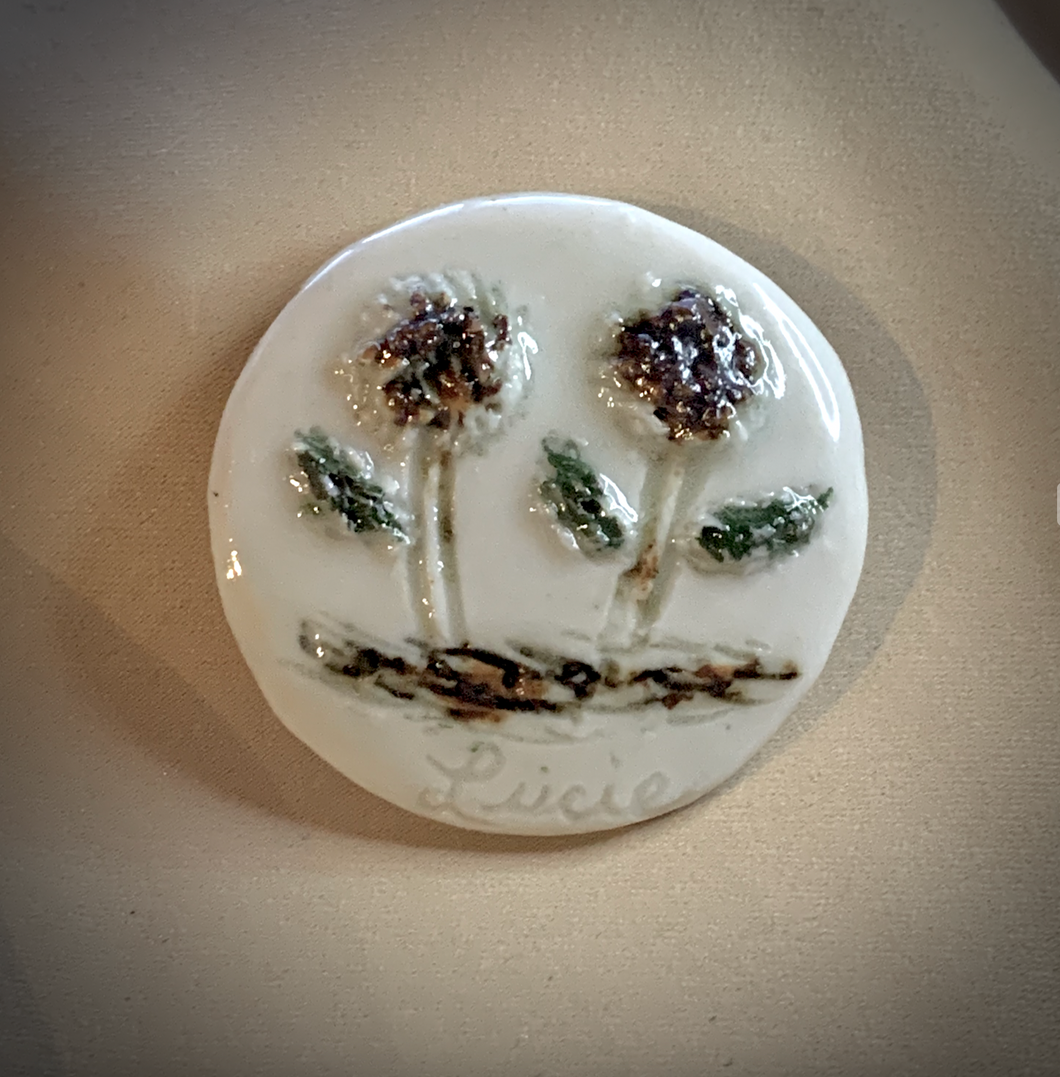 1979 Naive Off White Ceramic Brooch w/ 2 Flowers