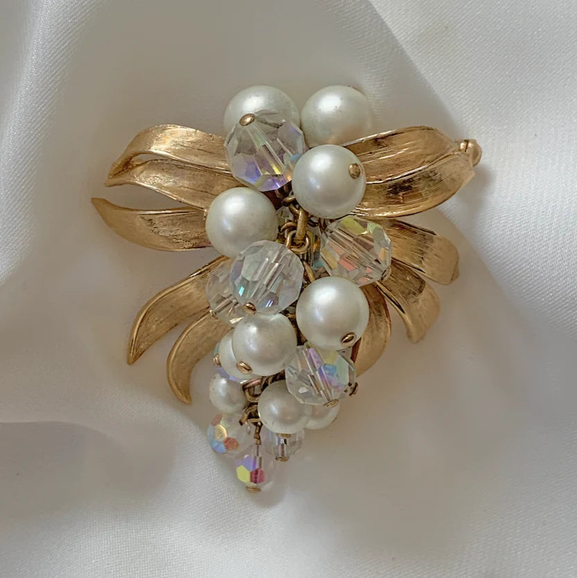 Gold Stone & Pearl Cascading Brooch RENTAL