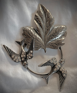 Striking Large Pewter Brooch w/Birds & Leaf