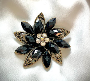 Jet Black Rhinestone Flower Brooch RENTAL