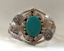 Load image into Gallery viewer, Wide Turquoise &amp; Silver Cuff Bracelet w/Leaves RENTAL
