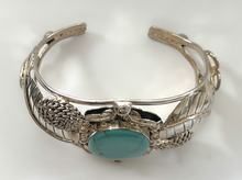 Load image into Gallery viewer, Wide Turquoise &amp; Silver Cuff Bracelet w/Leaves RENTAL
