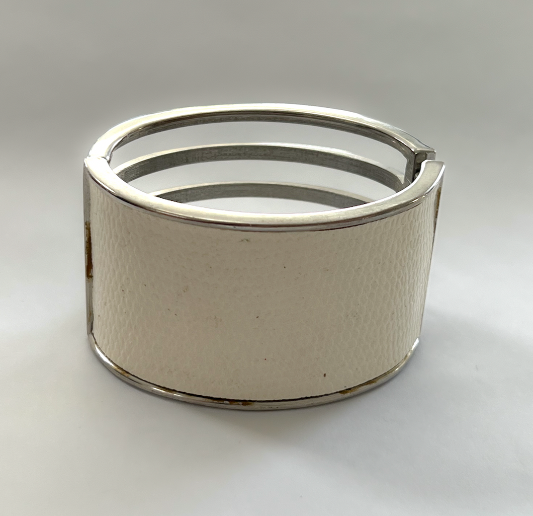 Cream & Silver Wide Hinged Bracelet, Snake Texture RENTAL