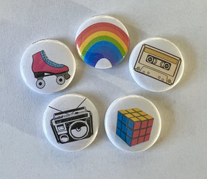 1" Pin Back Buttons - 5 Retro 1980's Designs RENTAL