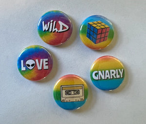 1" Pin Back Buttons - 5 Rainbow 1980's Designs RENTAL