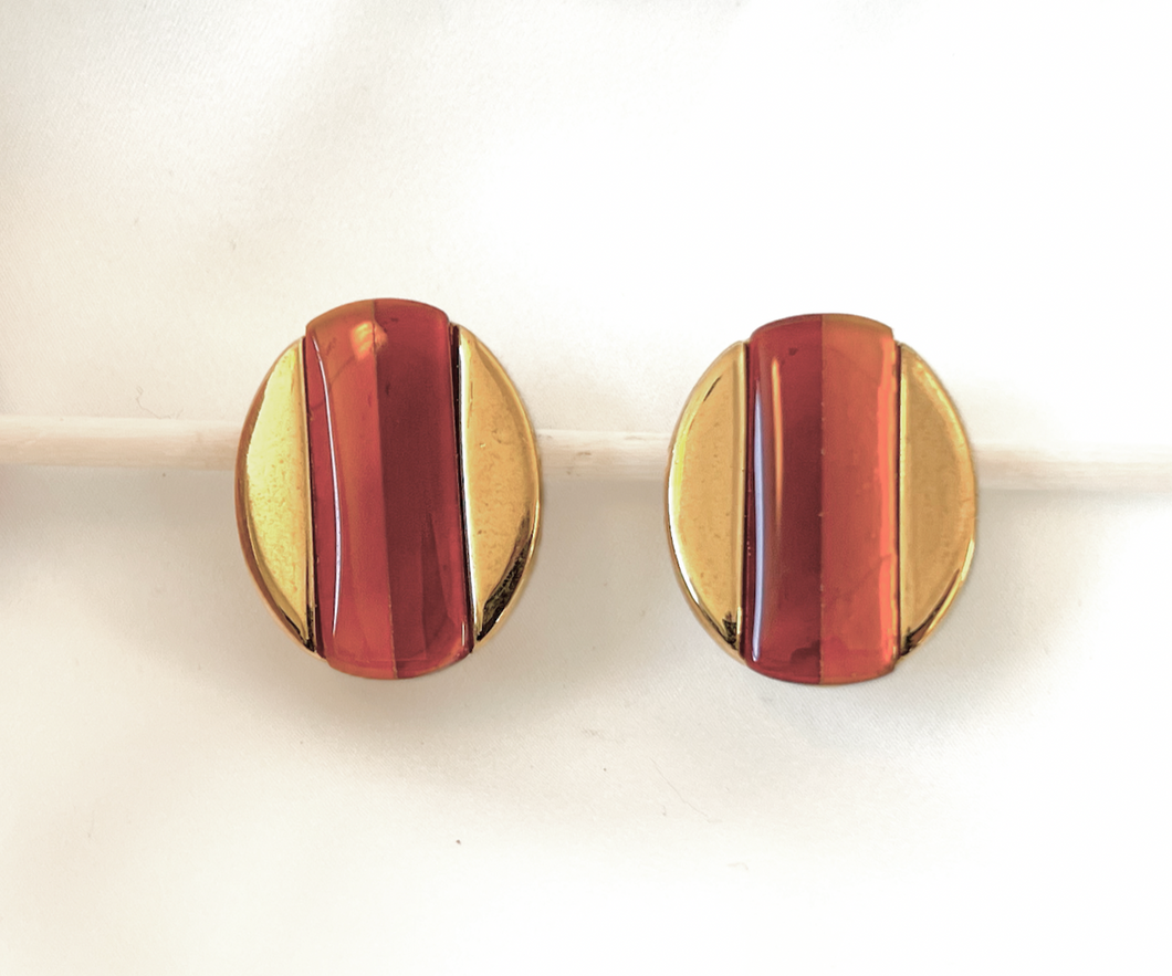 Gold & Amber oval striped clip on earrings RENTAL