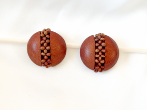 Round wood button clip on earrings with seed beads RENTAL