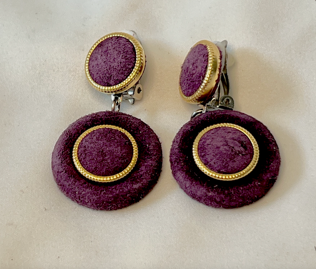 Purple suede vintage circle drop clip on earrings RENTAL