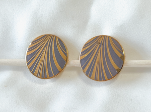 Gorgeous flat button clip on earrings in gold & lilac grey RENTAL