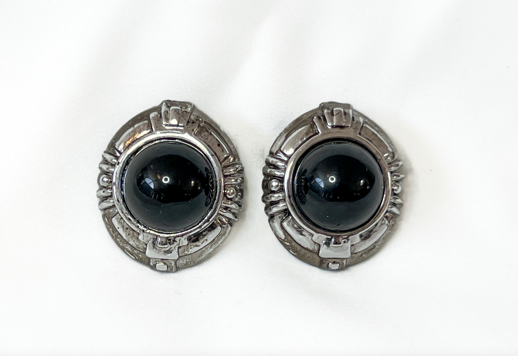 Clip-On Silver & Black Round Earrings RENTAL