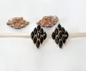 Clip-On Rose Gold Diamond Shaped Black Rhinestone Earrings RENTAL