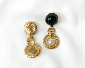 Clip-On Dangle Pearl, Black, Gold Rope & Stirrup Earrings RENTAL