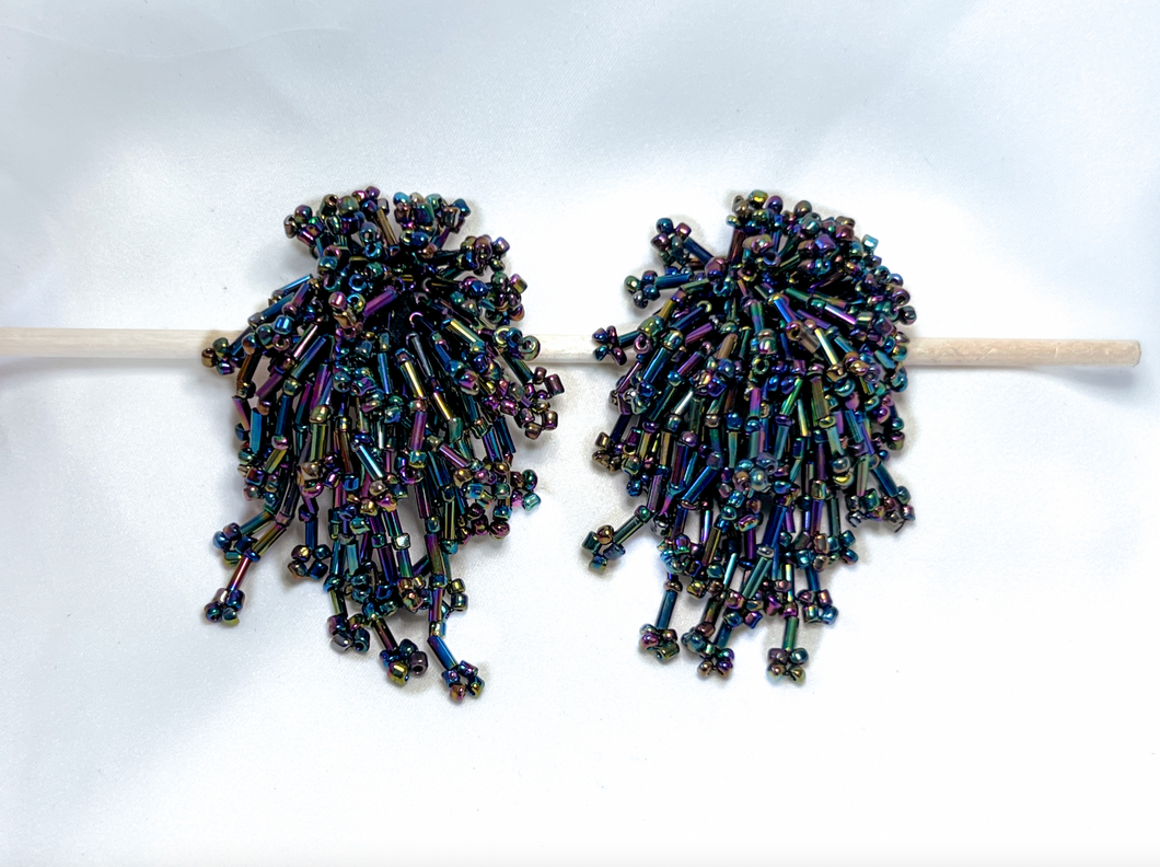 Irridescent cluster of long beaded strings clip on earrings RENTAL