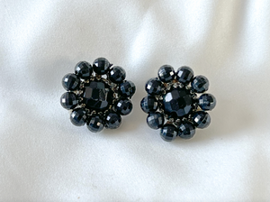 Black Glass flower vintage clip on earrings Germany RENTAL