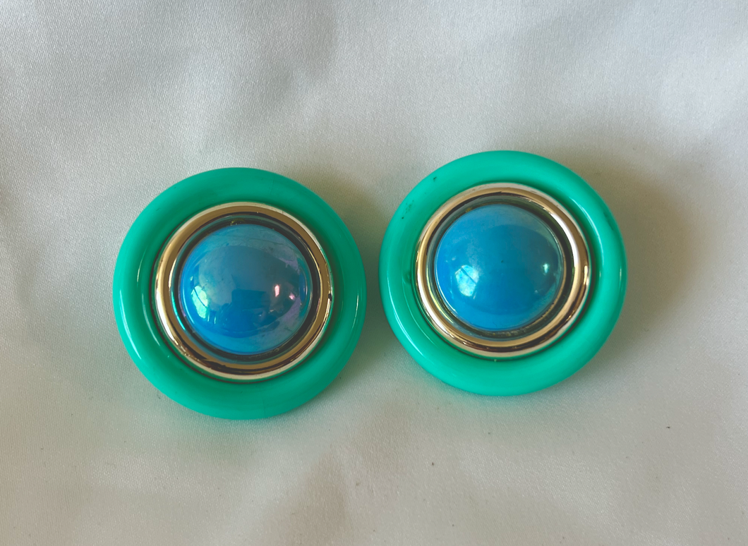 Oversized vintage button clip on green gold teal earrings RENTAL