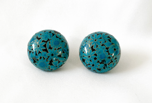 Round floral design button Blue green clip on earrings RENTAL