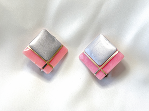 Quality silver, gold and crepe pink square clip-on earrings RENTAL