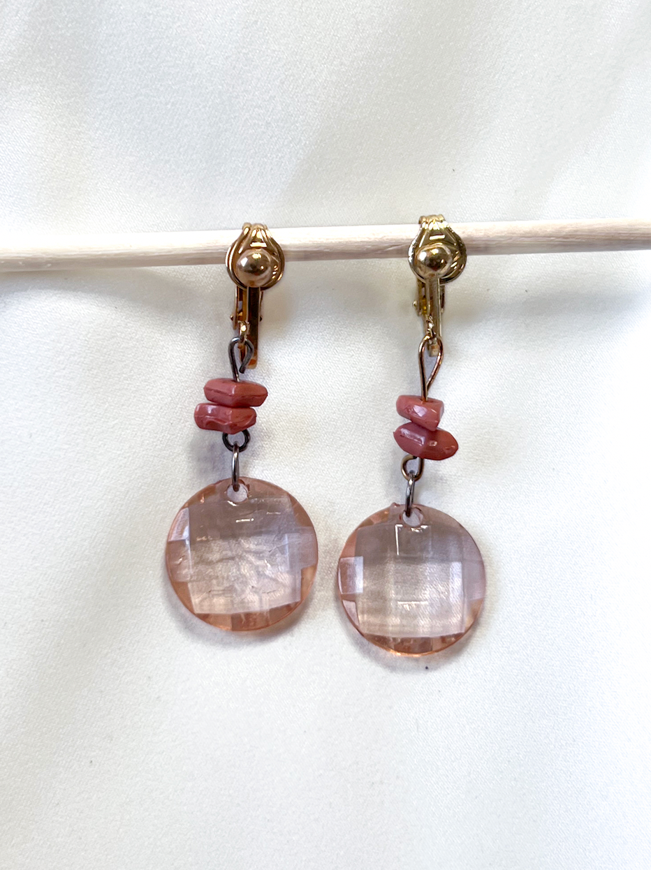 Peachy clip on drop Shell and flat circle crystal earrings RENTAL