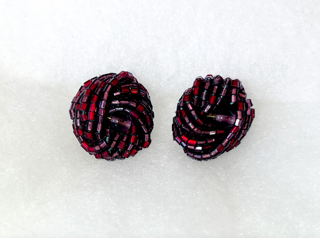 Deep burgundy, purple, beaded knot button clip on earring RENTAL