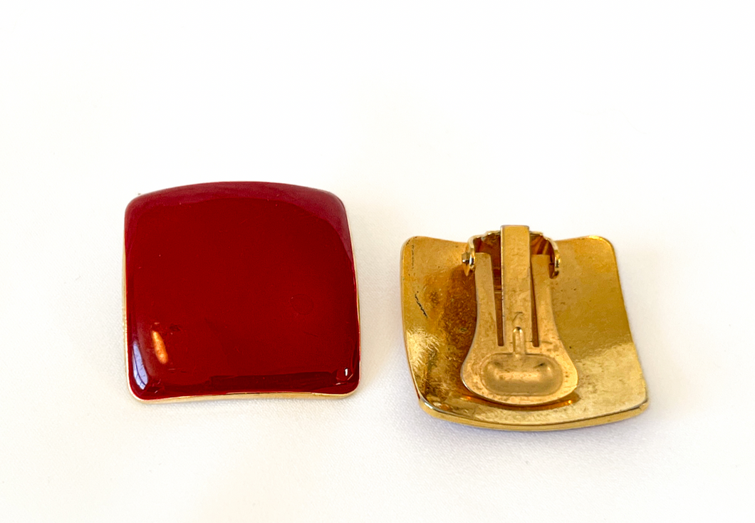 Deep lipstick red square clip on earrings RENTAL