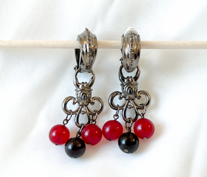 Fleur de Lis, crimson, drop clip on earrings RENTAL