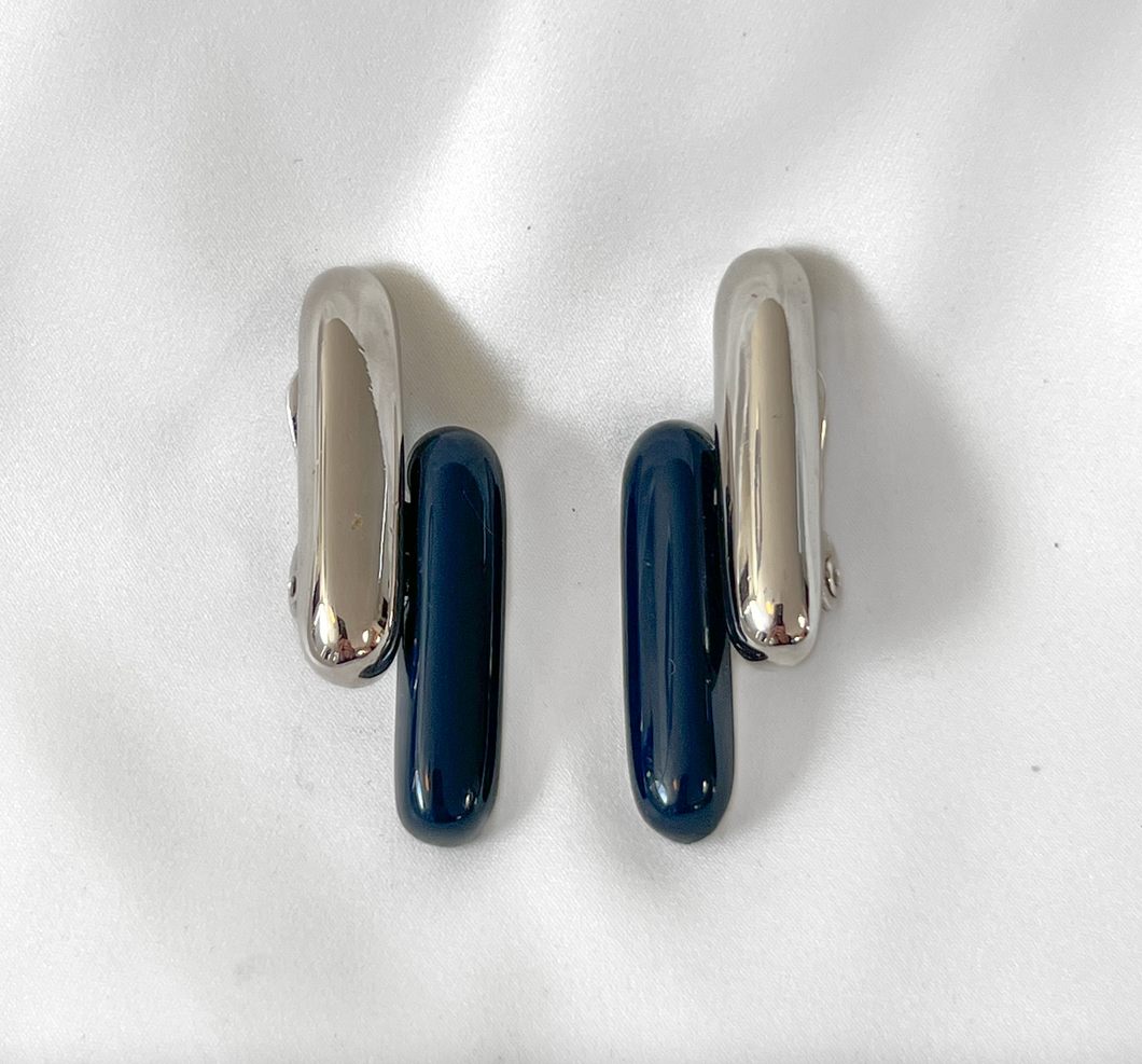 Monet navy & silver geometric 1990s clip on earrings RENTAL