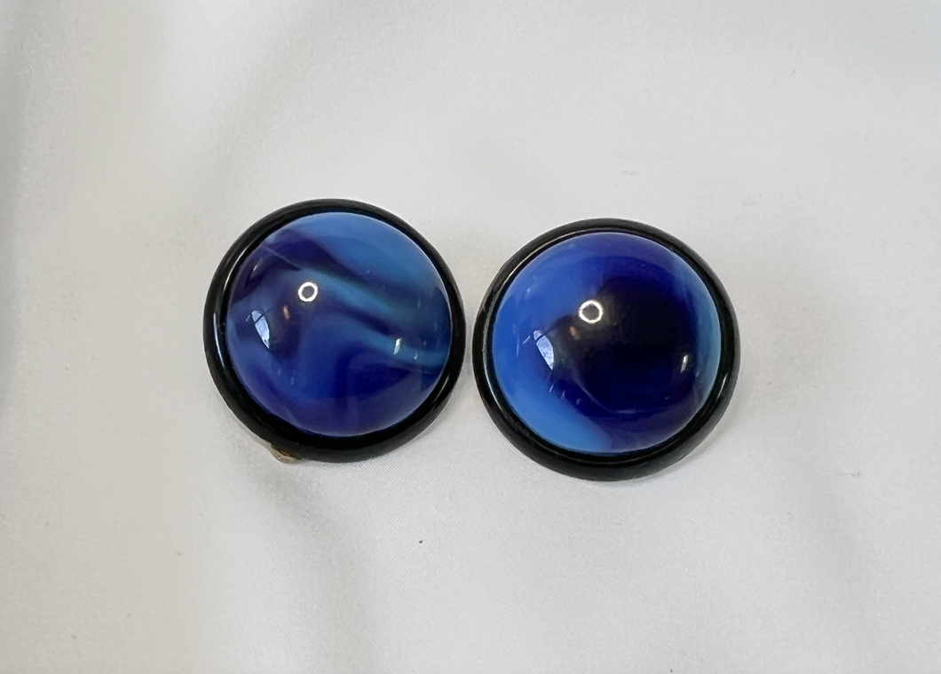 Marble blue on black button clip on earrings RENTAL