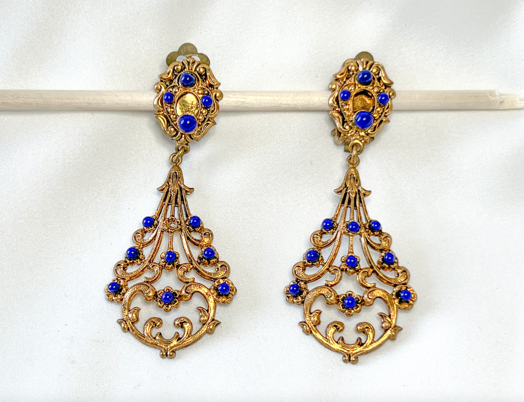 Vintage Downton Abbey gold ornate drop clip on earrings RENTAL