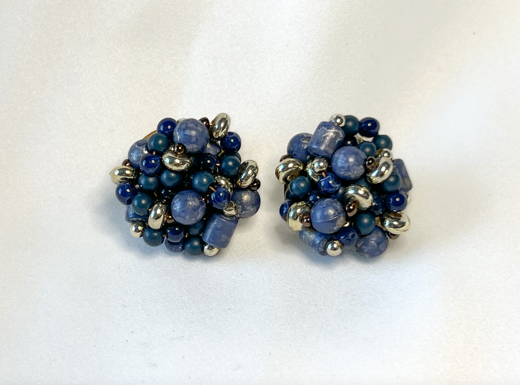 Clip on Knotted wood button earrings in blue & gold RENTAL